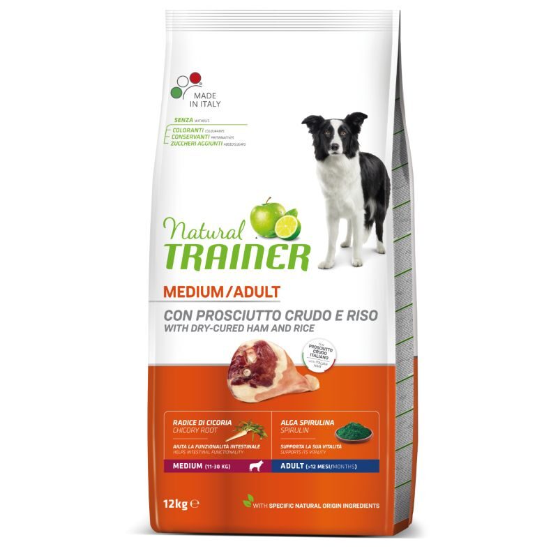 Natural Trainer ADULT MEDIUM DOG DRY-CURED HAM&RICE sausā barība ar šķiņki vidējo šķirņu suņiem + dāvana 1 pavada 7 EUR apmērā