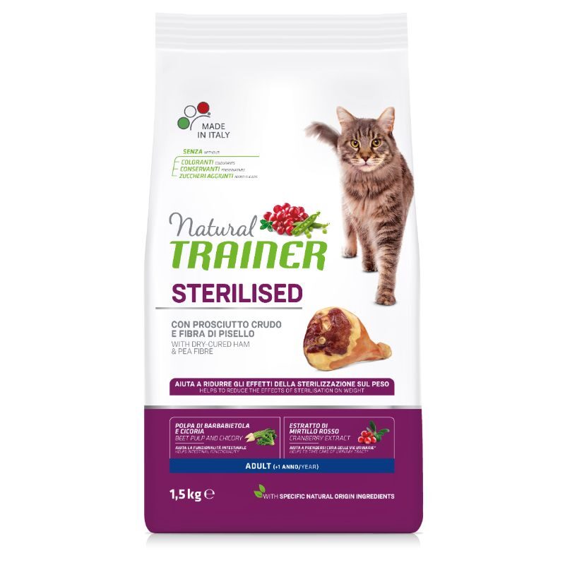 NATURAL TRAINER Cat adult Sterilised HAM sausā barība ar šķiņķi sterilizētiem kaķiem 1.5kg