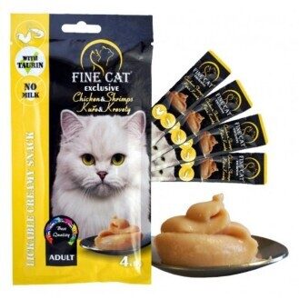 FINE CAT krēmveida gardums kaķiem ar vistu un garnelēm 4x15g