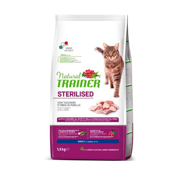 NATURAL TRAINER Cat Adult Turkey sausā barība sterilizātiem kaķiem ar tītaru 1.5kg