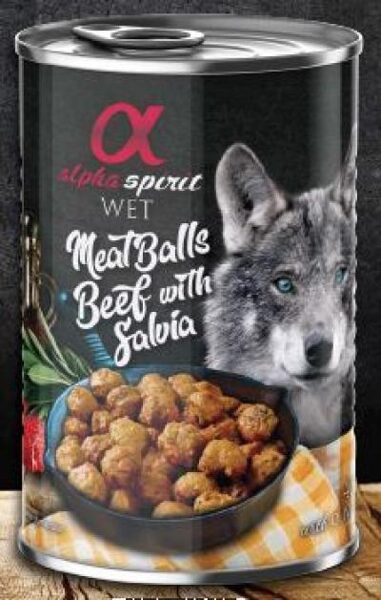 Alpha Spirit Chicken balls with beef and sage konservi suņiem 400g (vista, liellops, salvija)