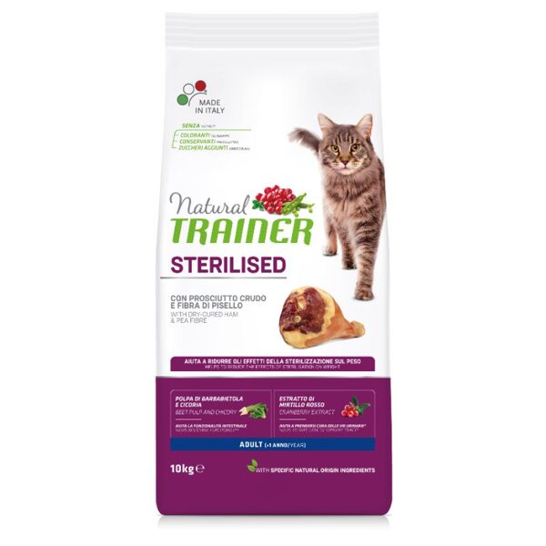 NATURAL TRAINER Cat adult Sterilised HAM sausā barība ar šķiņķi sterilizētiem kaķiem 10kg