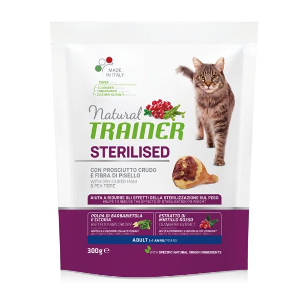 NATURAL TRAINER Cat adult Sterilised HAM sausā barība ar šķiņķi sterilizētiem kaķiem 300g