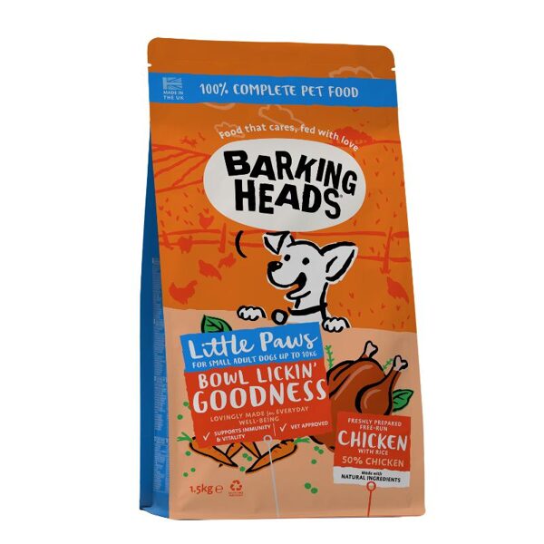 BARKING HEADS Little Bowl Lickin Goodness 1,5kg - barība pieaugušiem mazu šķirņu suņiem ar vistu 1.5kg