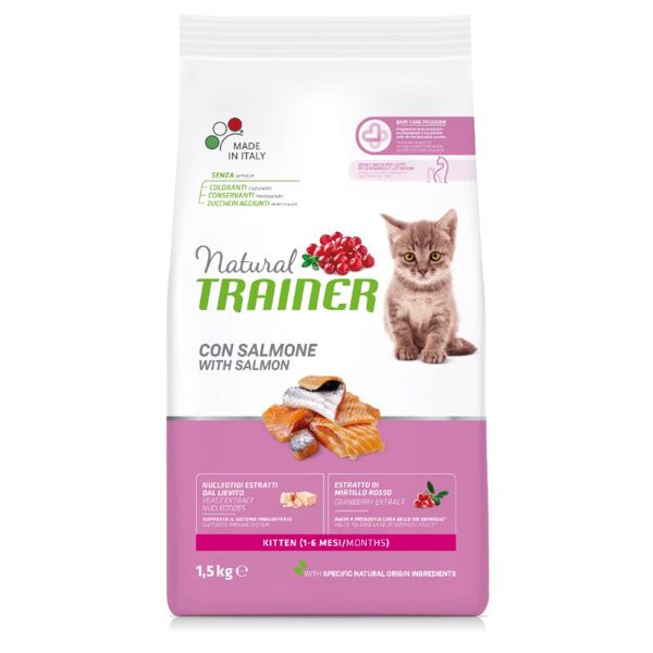 NATURAL TRAINER Cat Kitten Salmon sausā barība ar lasi kaķēniem 1.5kg