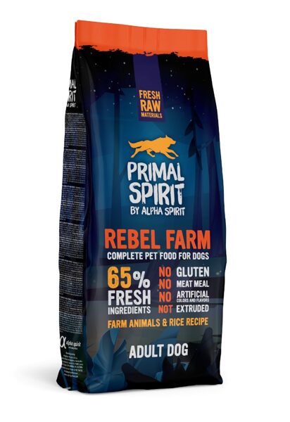 Pieaugušiem suņiem ar vistu un zivi  REBEL FARM ADULT DOG PRIMAL SPIRIT