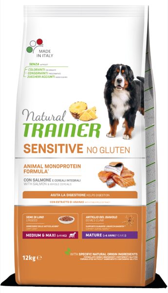 NATURAL TRAINER  DOG SENSITIVE NO GLUTEN MATURITY sausā barība bez glutēna ar lasi MAXI MEDIUM suņiem Senioriem 12kg