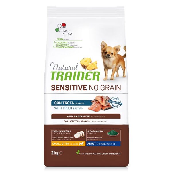 NATURAL TRAINER ADULT DOG SENSITIVE NO GRAIN Mini TROUT sausā barība mazo šķirņu suņiem Forele