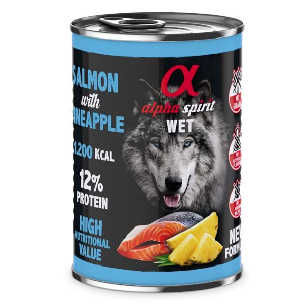 ALPHA SPIRIT WET Canned Food With Salmon And Pineapple lasis ar ananāsiem konservi suņiem 400g 