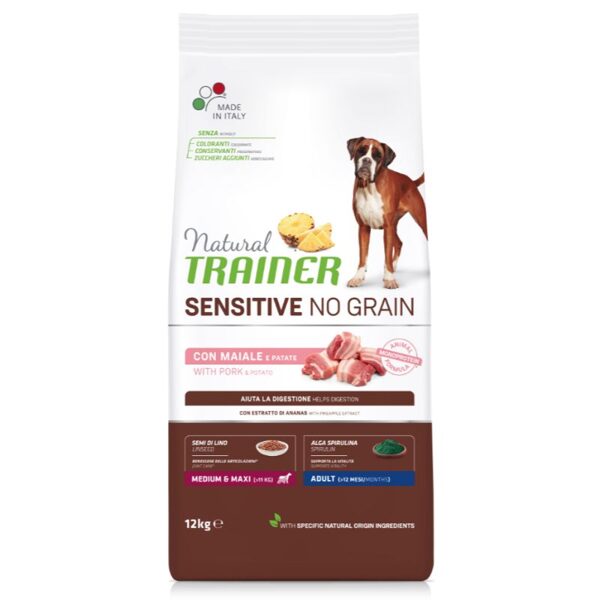Natural Trainer ADULT DOG SENSITIVE NO GRAIN Medium/Maxi PORK sausā barība bez graudiem ar cūkgaļu vidējo un lielo šķirņu suņiem 