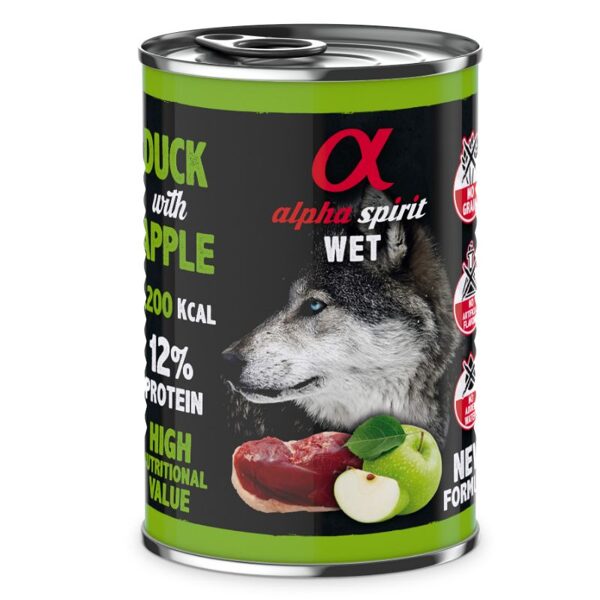 ALPHA SPIRIT WET Canned Food With Duck And Green Apples pīles gaļa  ar zaļajiem āboliem konservs suņiem 400g 6gab