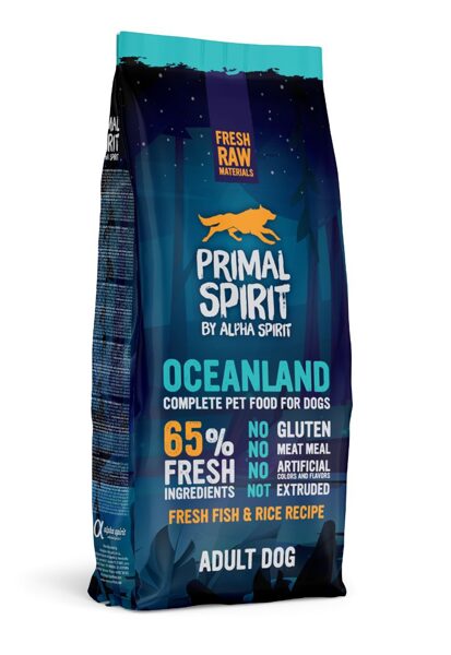 PRIMAL SPIRIT Oceanland Adult Dog sausā barība suņiem 12kg + dāvanā 1 pavada 7 EUR apmērā