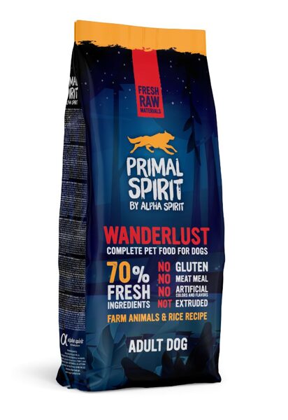 PRIMAL SPIRIT Wanderlust Adult Dog sausā barība suņiem 12kg + dāvanā 1 pavada 7 EUR apmērā