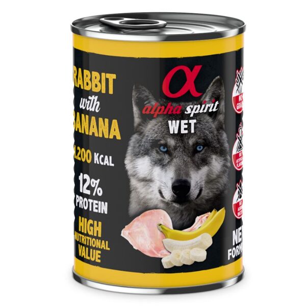 ALPHA SPIRIT WET Canned Food With Rabbit Meat And Bananas truša gaļa ar banāniem konservs suņiem 400g 6gab